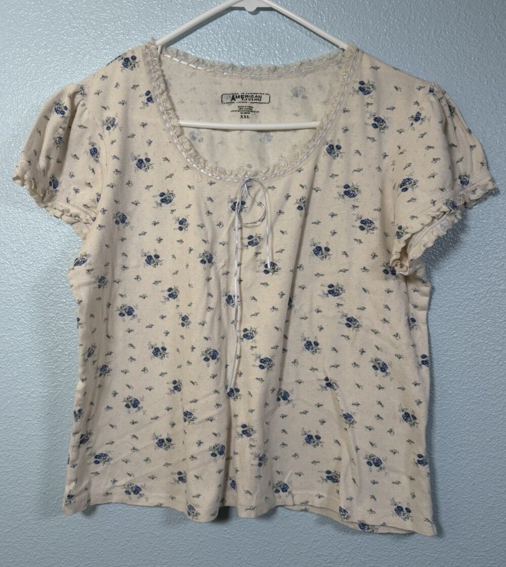 Vintage XXL Cottagecore Floral Top Cream Blue Lace Ribbon Coquette Bow